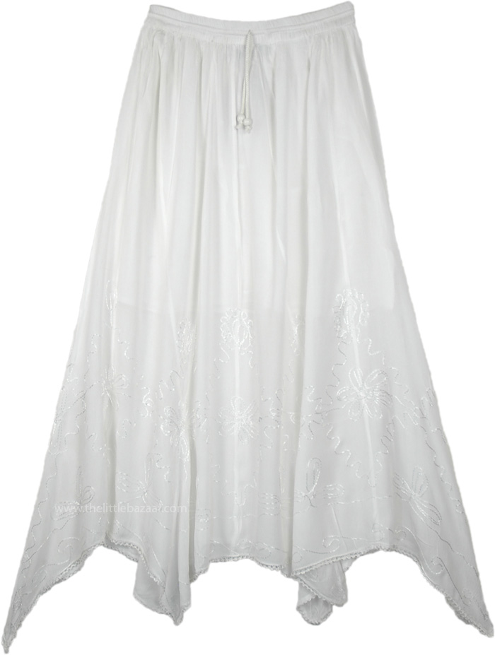 Pearl White Handkerchief Hem Skirt with Embroidery | White ...