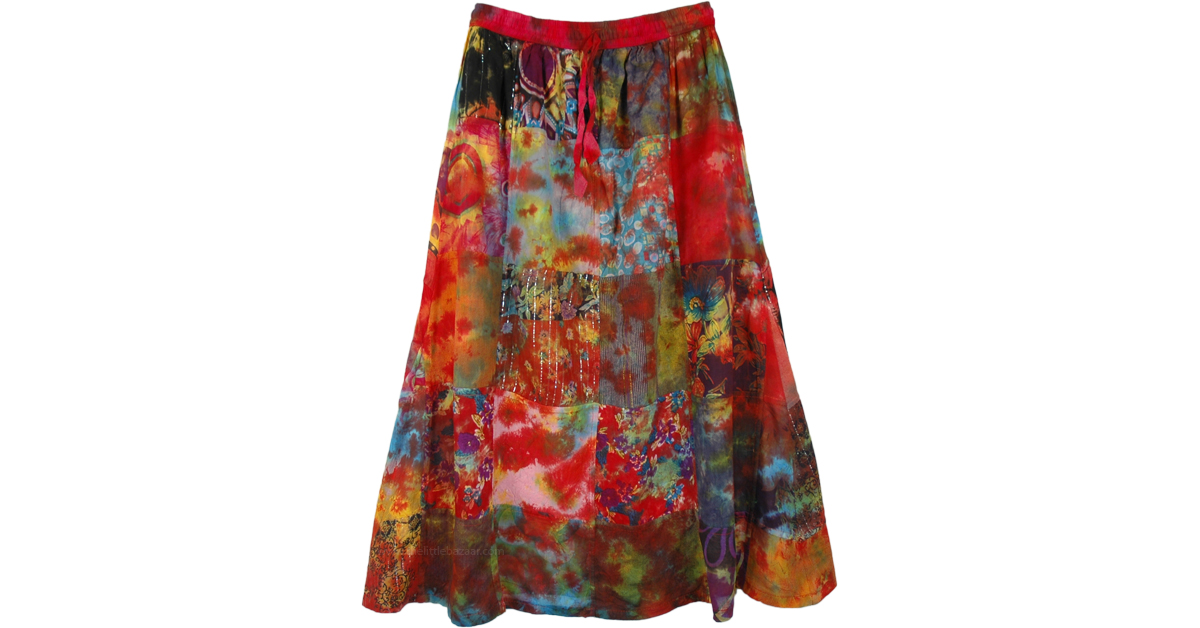 Red Toned Bohemian Gypsy Cotton Patchwork Skirt | Red | Patchwork ...