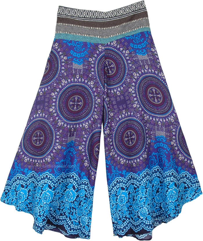 Rayon Wide Leg Pants in Purple and Blue with Printed Mandalas, Purple Hue Wide Leg Pants with Elastic Woven Waist