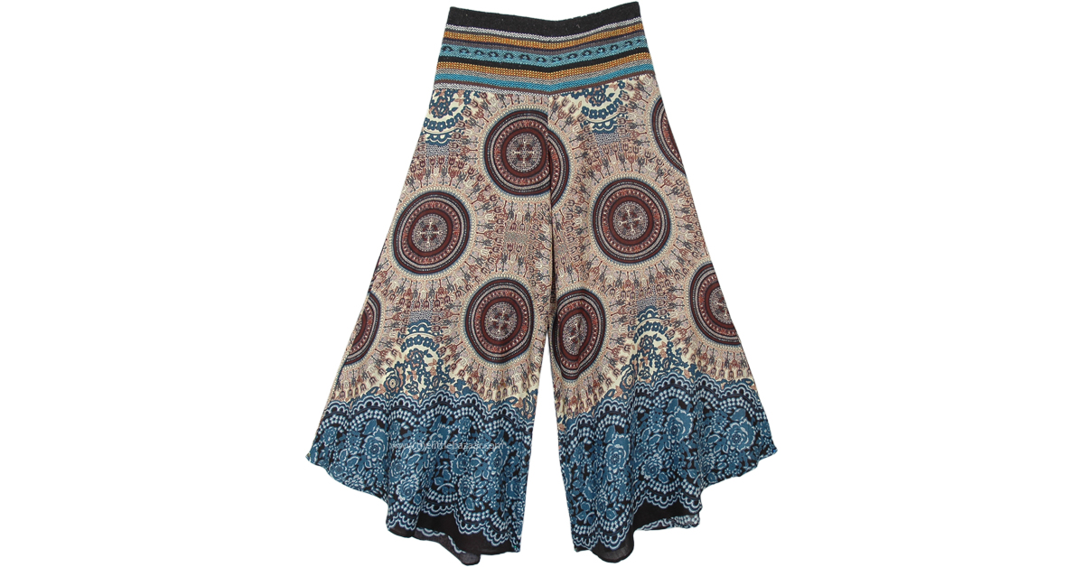 Matisse Blue Print Hemline Wide Leg Boho Hippie Pants | Beige | Split ...