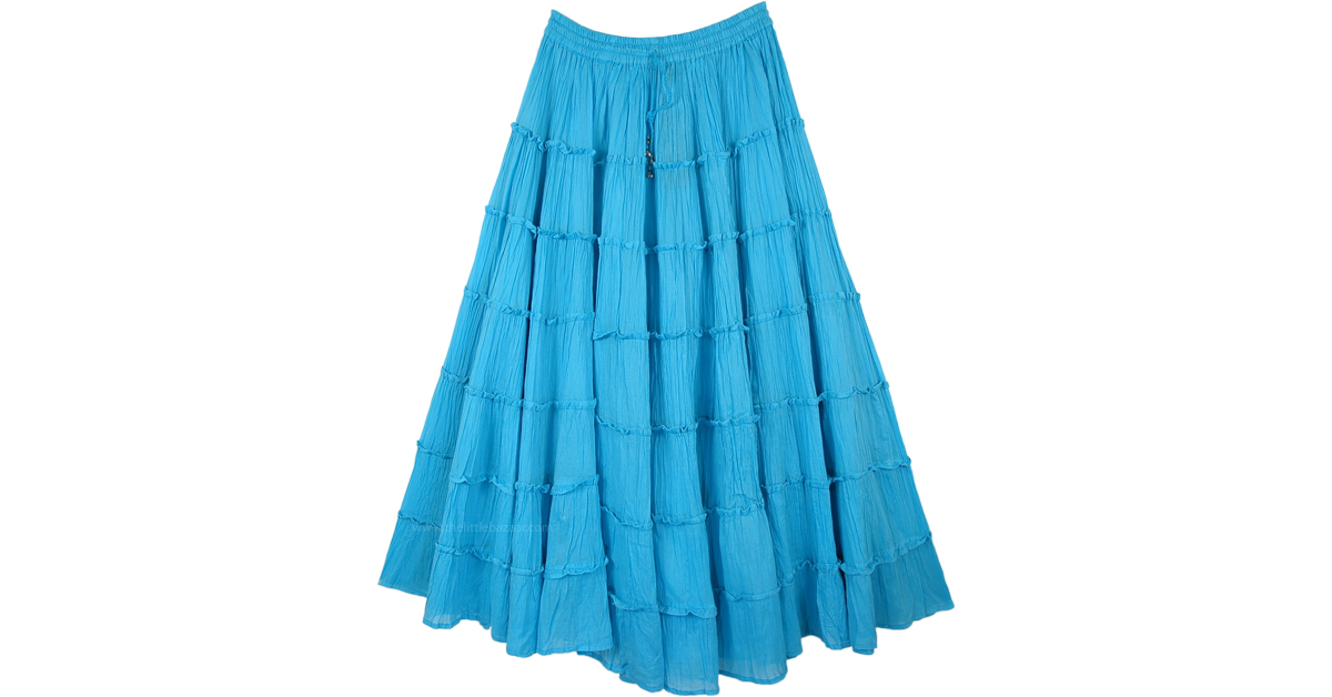 Aqua Blue Tiered Cotton Long Skirt with Pocket | Blue | Misses, Tiered ...