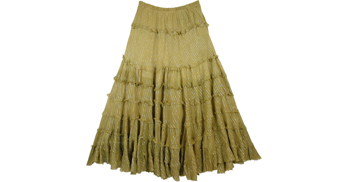 Dusky Olive Ombre Tinsel Tiered Cotton Skirt | Green | Tiered-Skirt, Solid