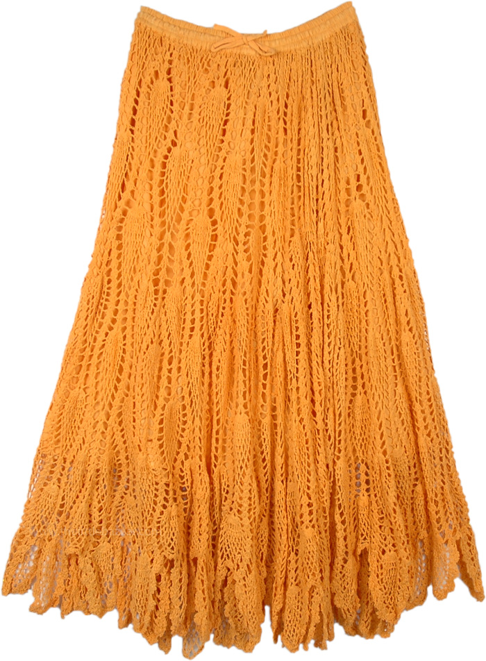 Subtle Saffron Crochet Long Skirt with Drawstrings Orange Crochet