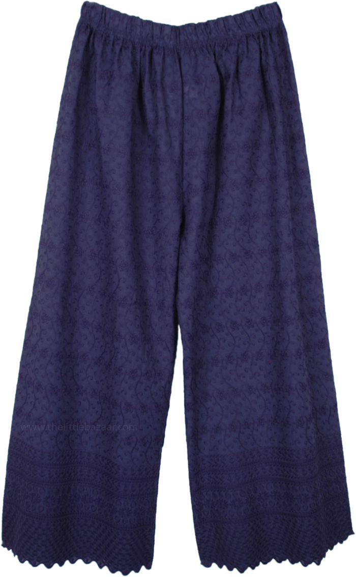 Indigo Ink Blue Wide Leg Embroidered Cotton Pants | Blue | Embroidered ...