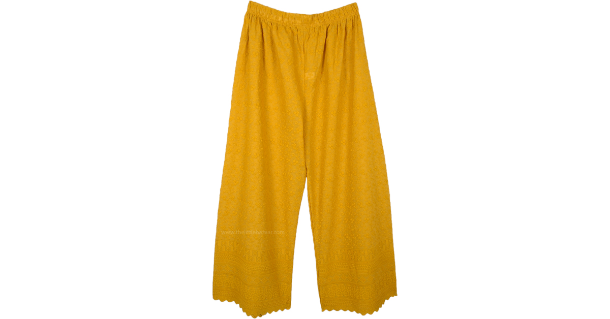 Turmeric Spice Wide Leg Cotton Pants with Embroidery | Yellow ...