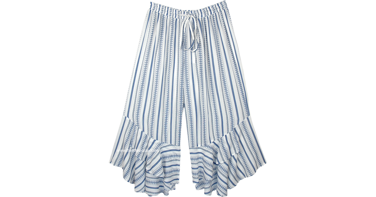 White Rayon Striped Summer Pants with Flared Bottom