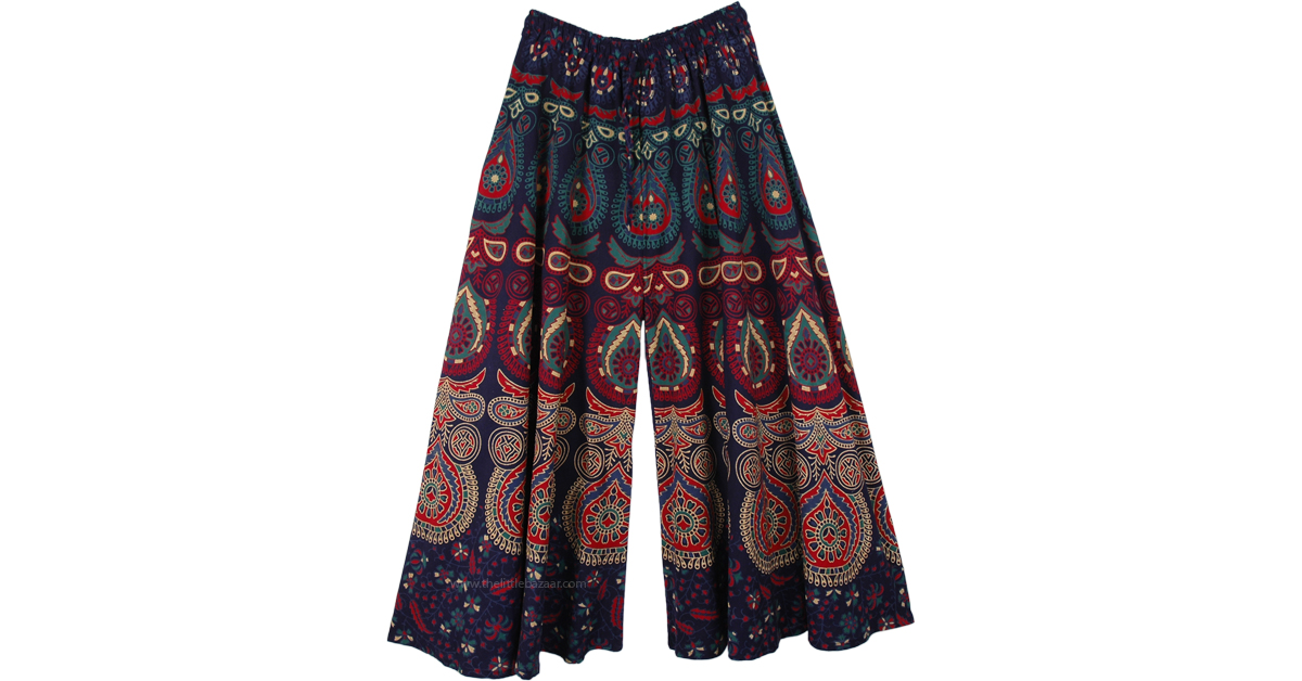 Navy Ethnic Peacock Wide Leg Full Flare Pants | Blue | Split-Skirts ...