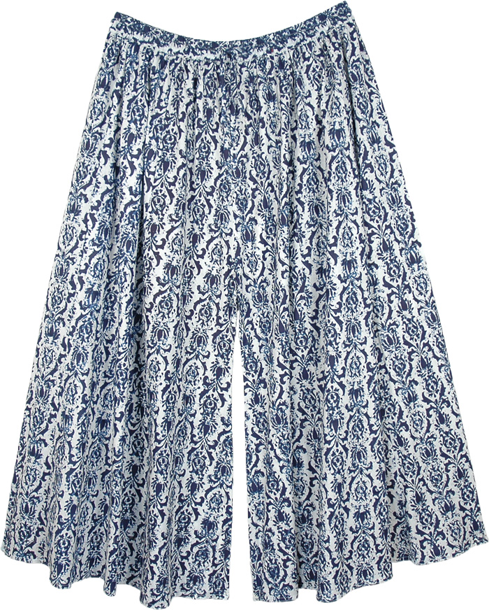Plus Size Cotton Printed Palazzo Pants with Pocket, Blue