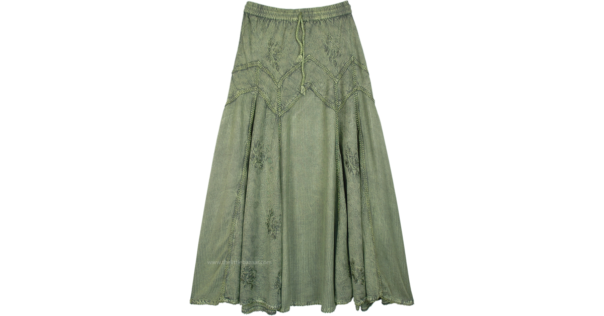 Sage Green Skirt Ankle Length with Embroidery | Green | Stonewash ...