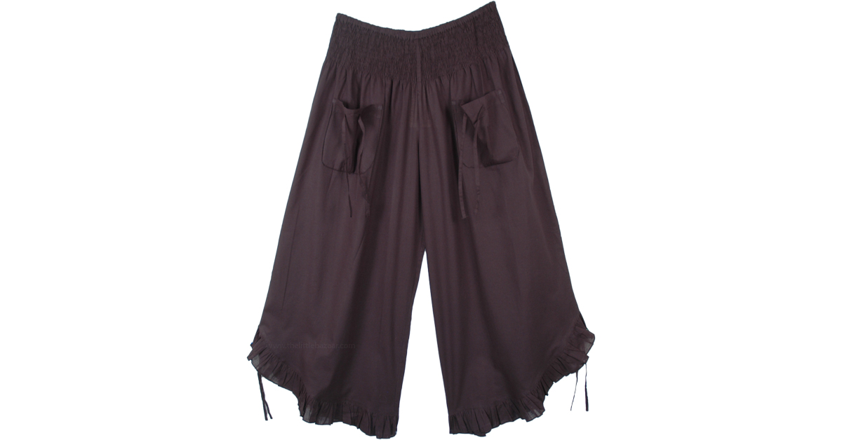 Black Cotton Capri Pants with Adjustable Wide Legs, Black