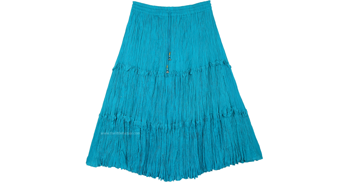 Aqua Green Blue Mid Length Tiered Cotton Skirt | Green | Crinkle ...