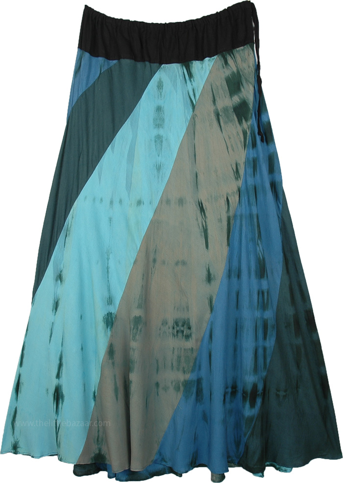 Tie Dye Oblique Tiered Skirt in Curious Blue Green Tints, Malibu Tie Dye Ankle Length Skirt with Drawstring Waist