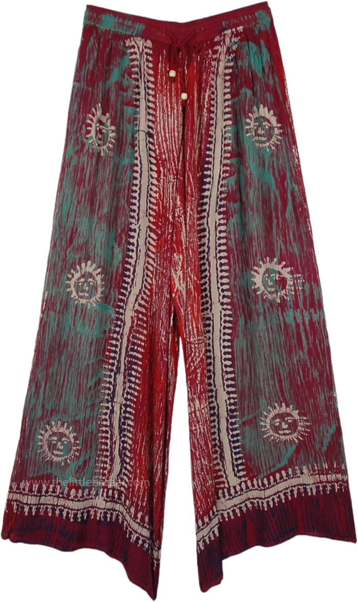 Sun Tribe Hippie Wide Leg Long Rayon Pants | Red | Split-Skirts-Pants ...