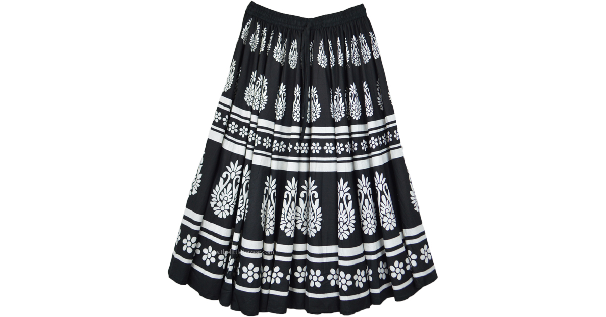 Black Cotton Full Midi Skirt with White Print | Black | Junior-Petite ...