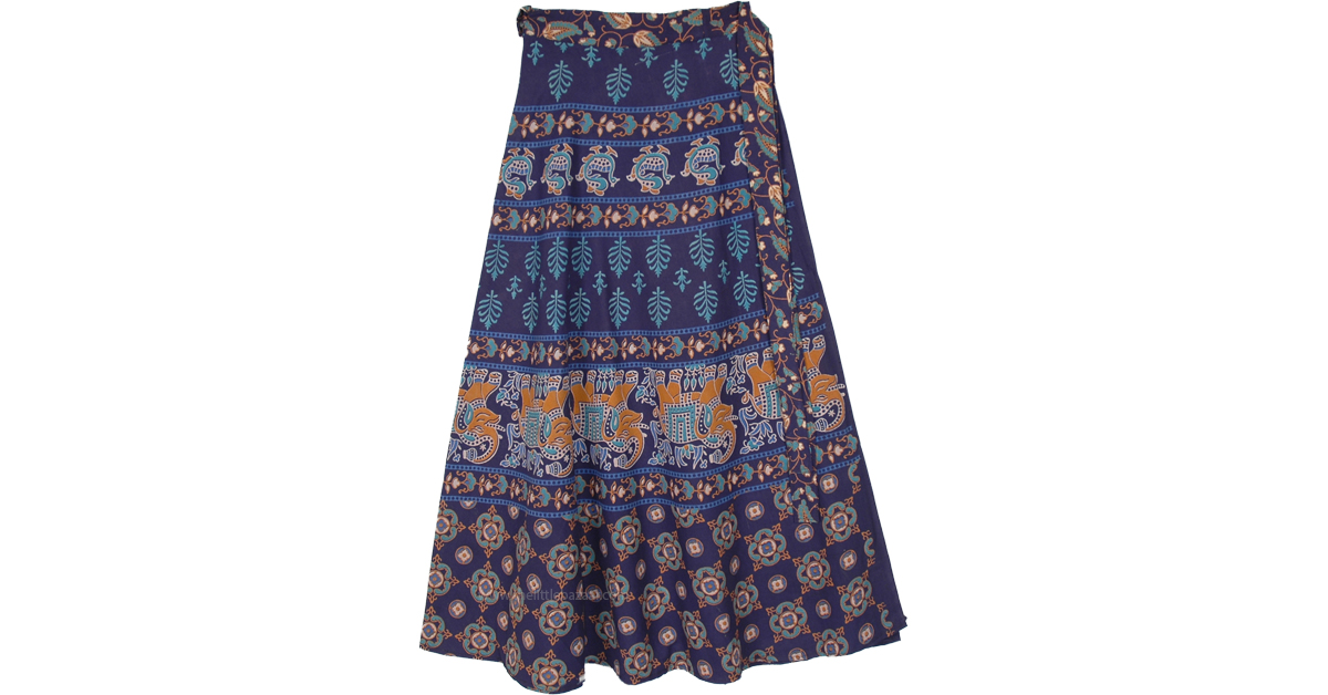 Ethnic Animal Motif Printed Wrap Skirt | Blue | Wrap-Around-Skirt ...