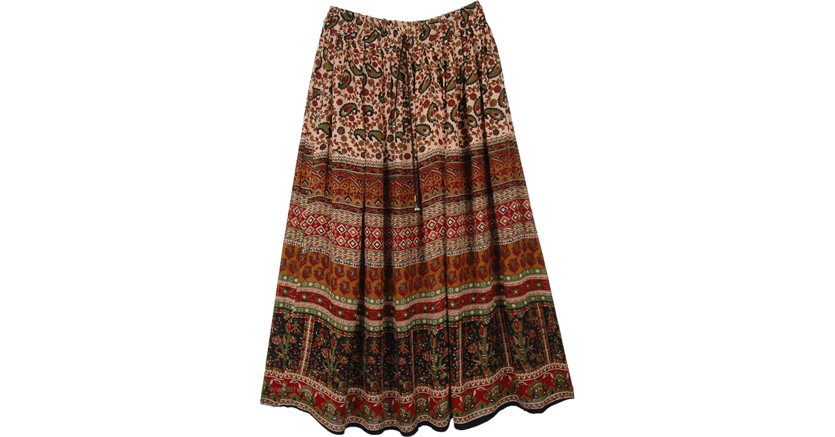 Brown Bagru Print Rayon Skirt with Paisley Print | Brown | Maxi-Skirt ...