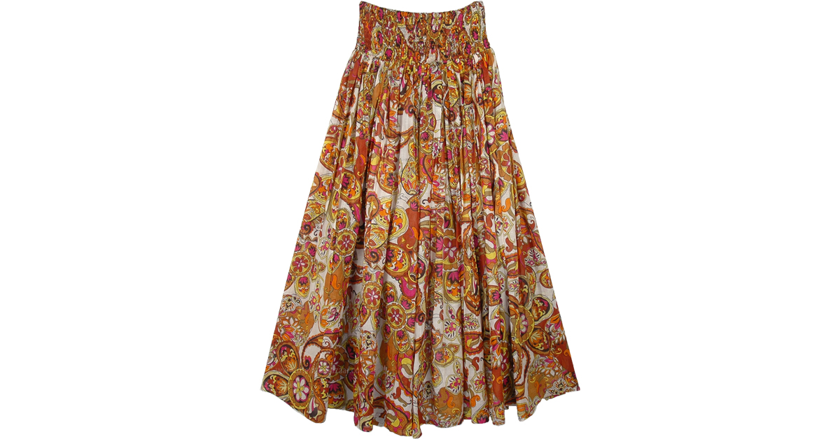 Smocked Waist Flared Cotton Voile Skirt with Paisley Print ...