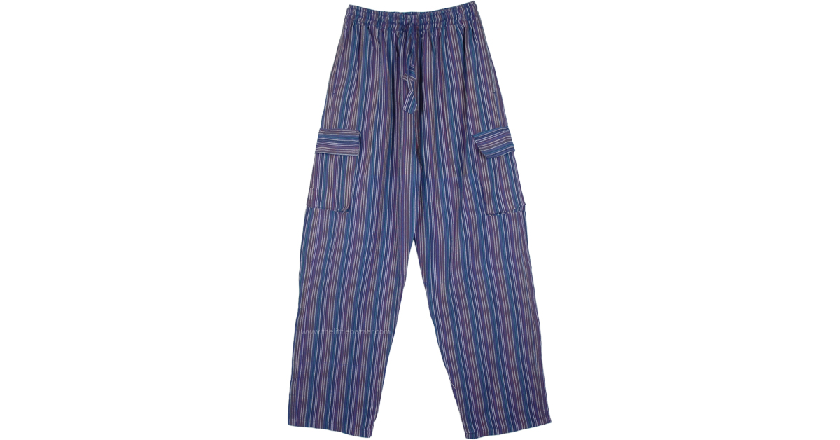 Cobalt Striped Cotton Unisex Boho Trousers with Pockets | Blue | Split ...