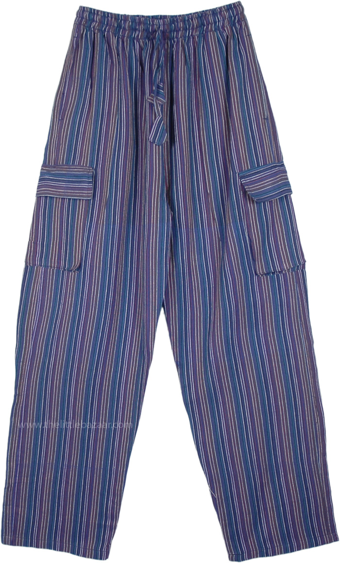 Cobalt Striped Cotton Unisex Boho Trousers with Pockets | Blue | Split ...