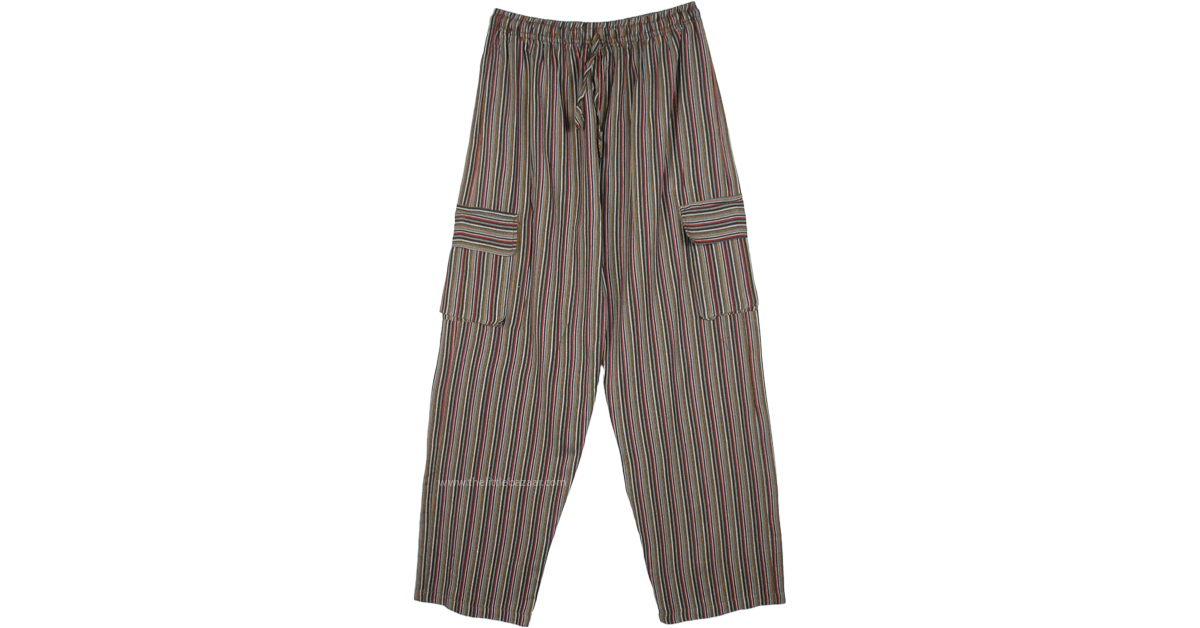 Khaki Striped Cotton Unisex Boho Pants with Pockets | Beige | Split ...