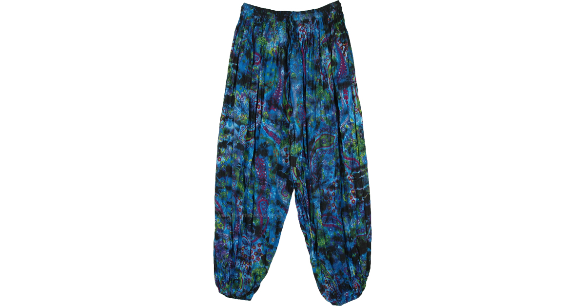 Blue Harem Crinkle Tie Dye Pants with Floral Print | Blue | Split ...
