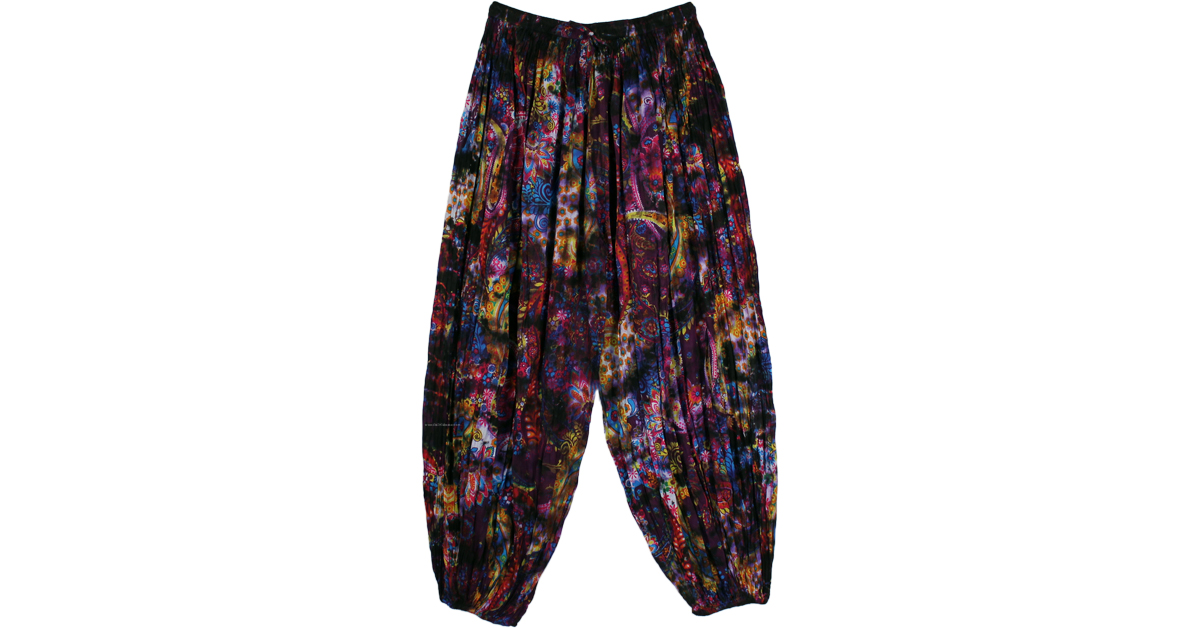 Purple Tie Dye Floral Print Crinkled Harem Pants | Black | Split-Skirts ...