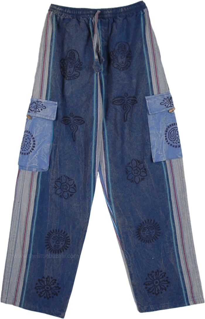 Stonewashed Blue Thick Cotton Unisex Hippie Trousers | Blue | Split ...