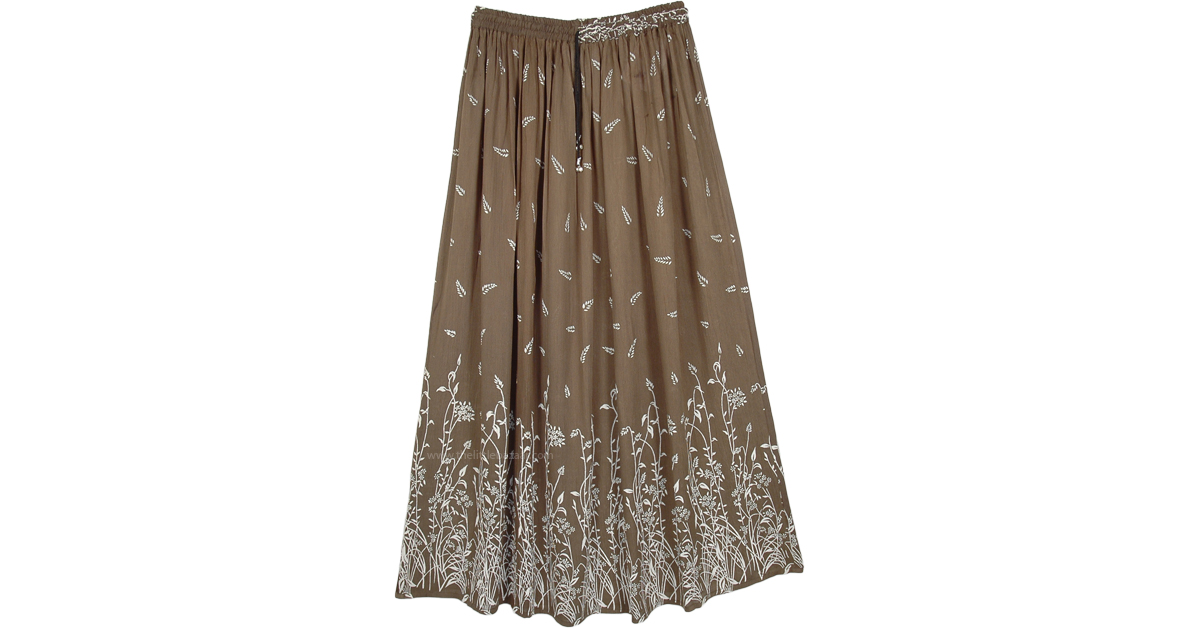 Printed Leaf Rayon Crepe Long Skirt in Olive Green | Green | Crinkle ...