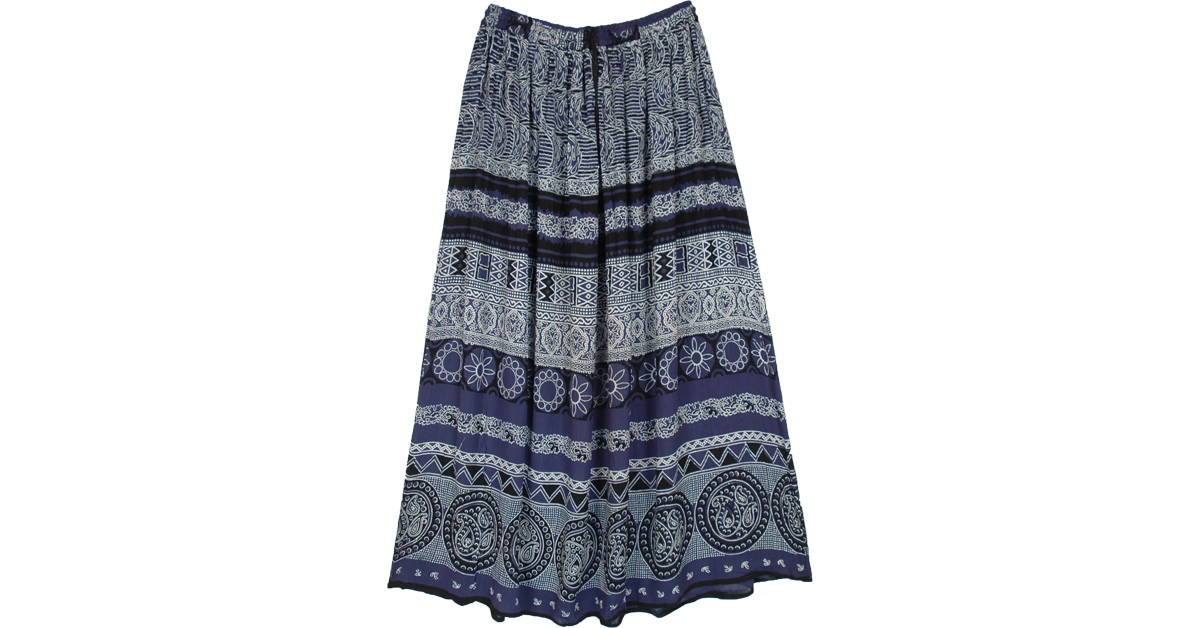 Jodhpur Blue Ethnic Printed Long Gypsy Skirt | Blue | Crinkle, Maxi ...