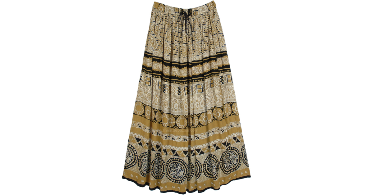 Spiked Mustard Tribal Print Long Boho Skirt | Yellow | Maxi-Skirt ...