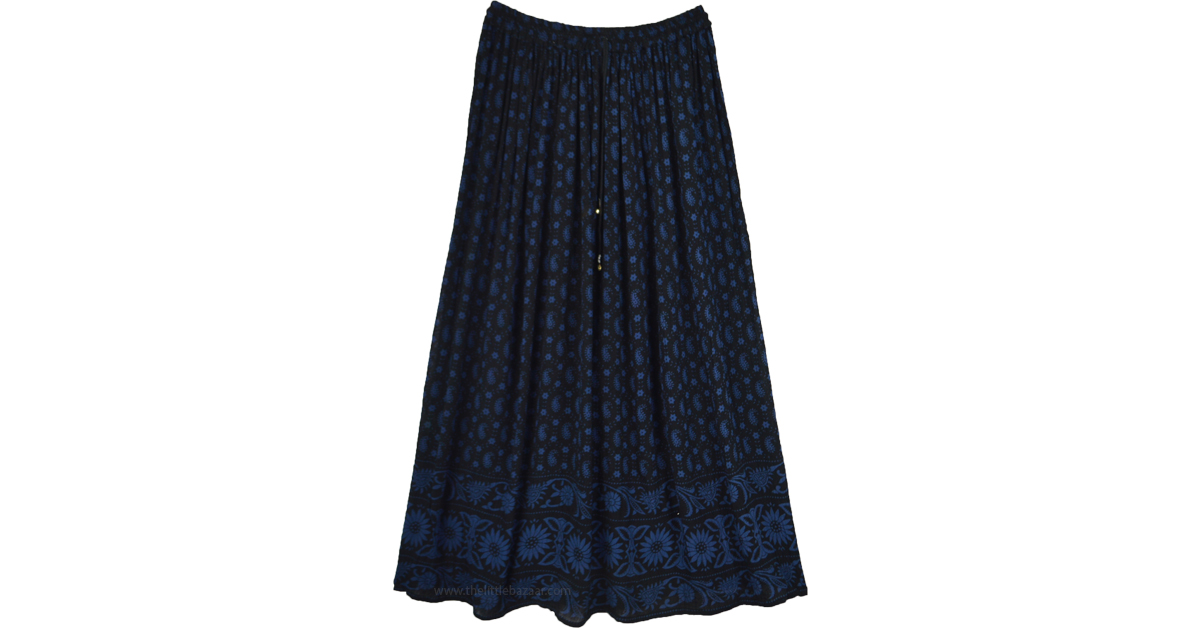 Midnight Blue Printed Long Gypsy Skirt | Black | Maxi-Skirt, Floral ...