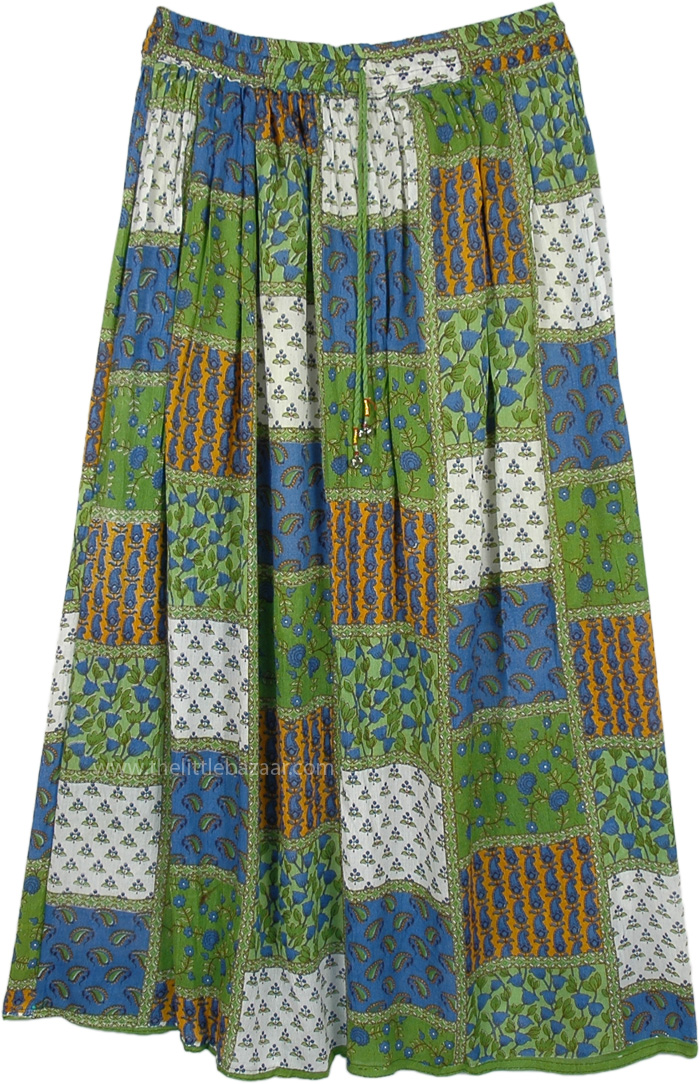 Nature Inspired Rayon Floral Long Skirt, Natural Vibe Green Boho Hippie Rayon Long Skirt