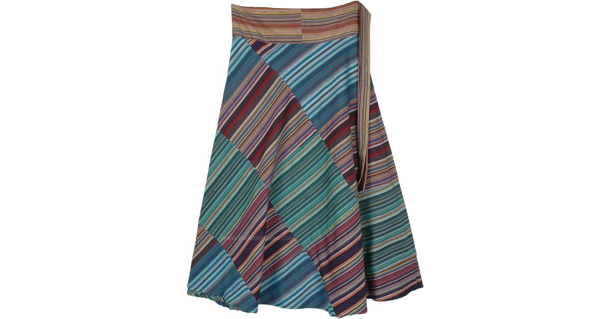Patchwork Green Blue Striped Wrap Skirt in Woven Cotton | Multicoloured ...