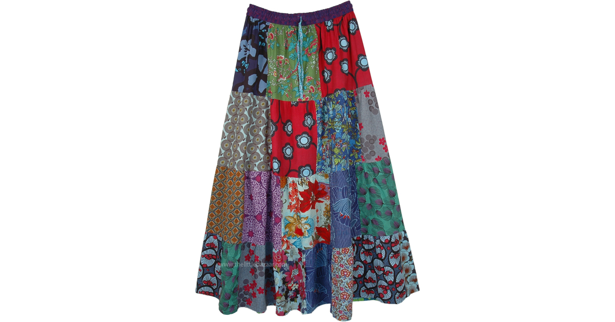 Hippie Garden Floral Patchwork Long Skirt in Cotton | Multicoloured ...
