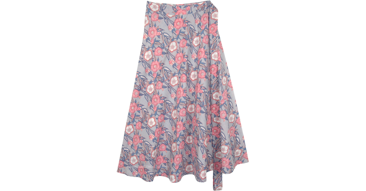 Graceful Floral Printed Cotton Wrap Around Mid Length Skirt | Grey ...