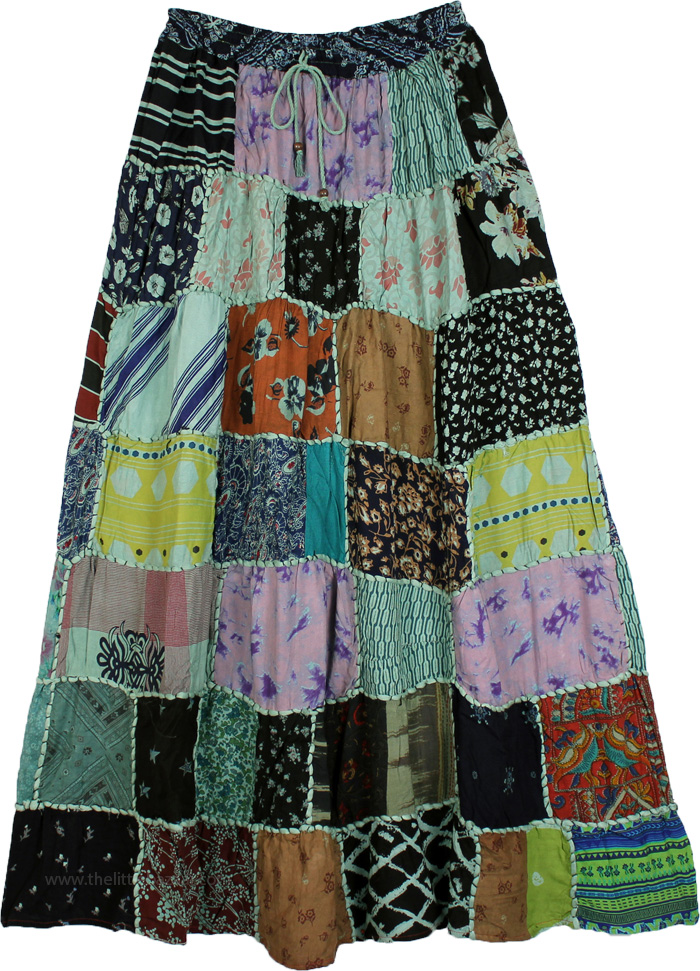 Green Hues Rayon Long Patchwork Boho Skirt | Multicoloured | Patchwork ...