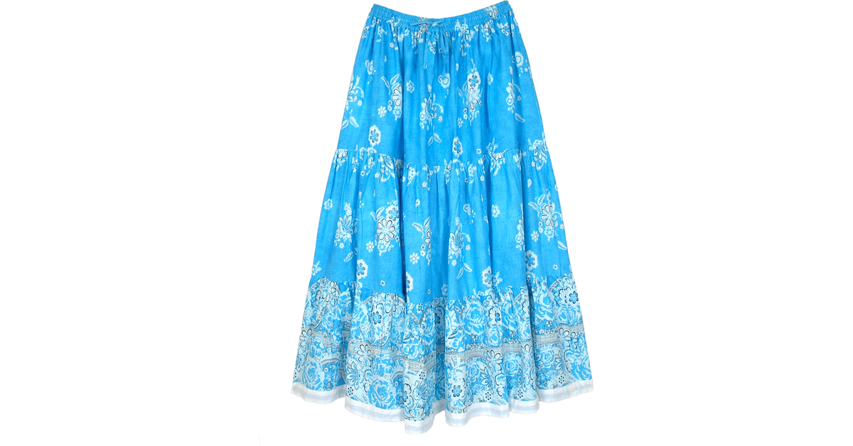 Sale:$18.99 Blue Boho Cotton Skirt with White Floral Print | Clearance ...