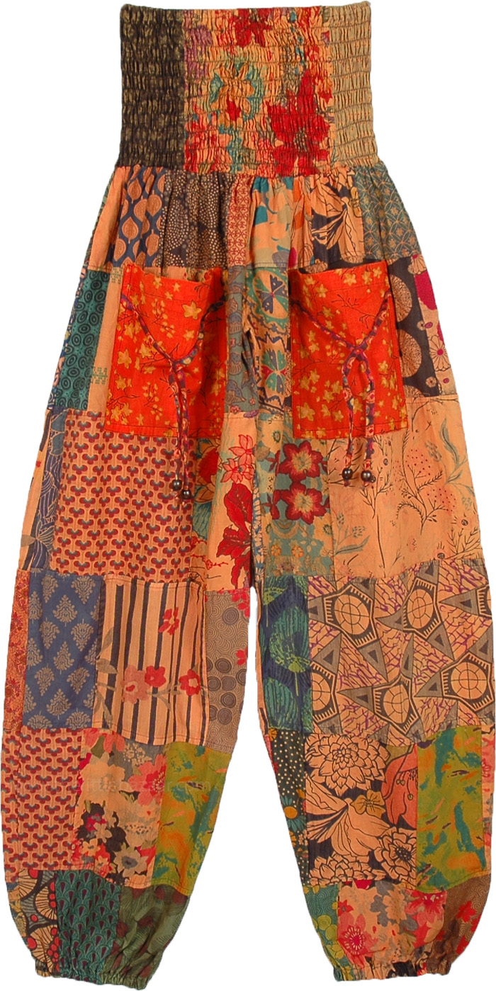Orange Hues Patchwork Smocked Waist Hippie Pants - Clothing - Sale on ...