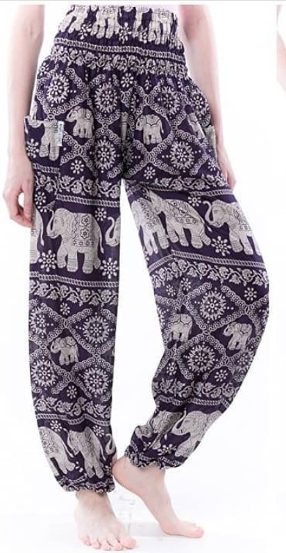 Ethnic Elephant Print Smocked Harem Pants in Blue, Blue