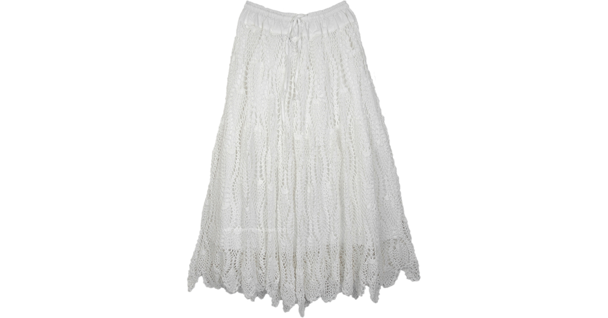 Natural White All Over Crochet Pattern Cotton Long Skirt | White ...