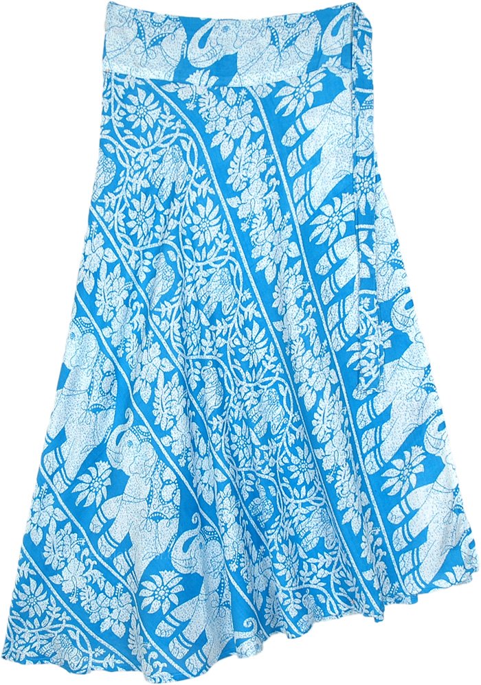 Blue and White Elephant Print Mid Length Wrap Skirt | Blue | Wrap ...