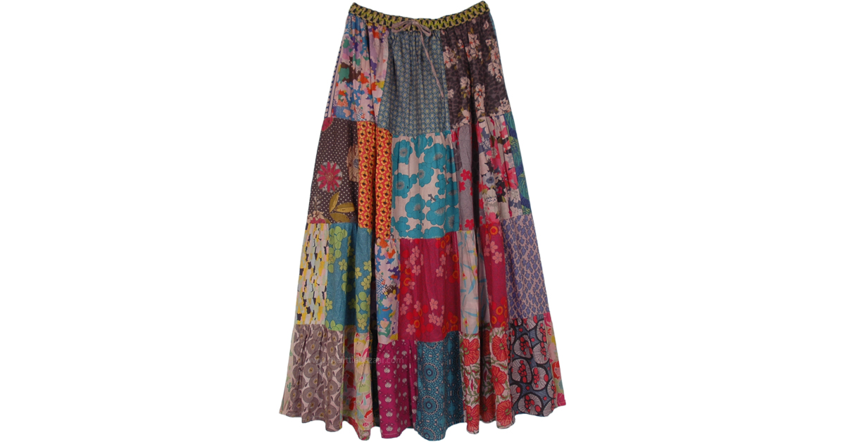 Earthen Garden Printed Patchwork Maxi Cotton Skirt | Multicoloured ...