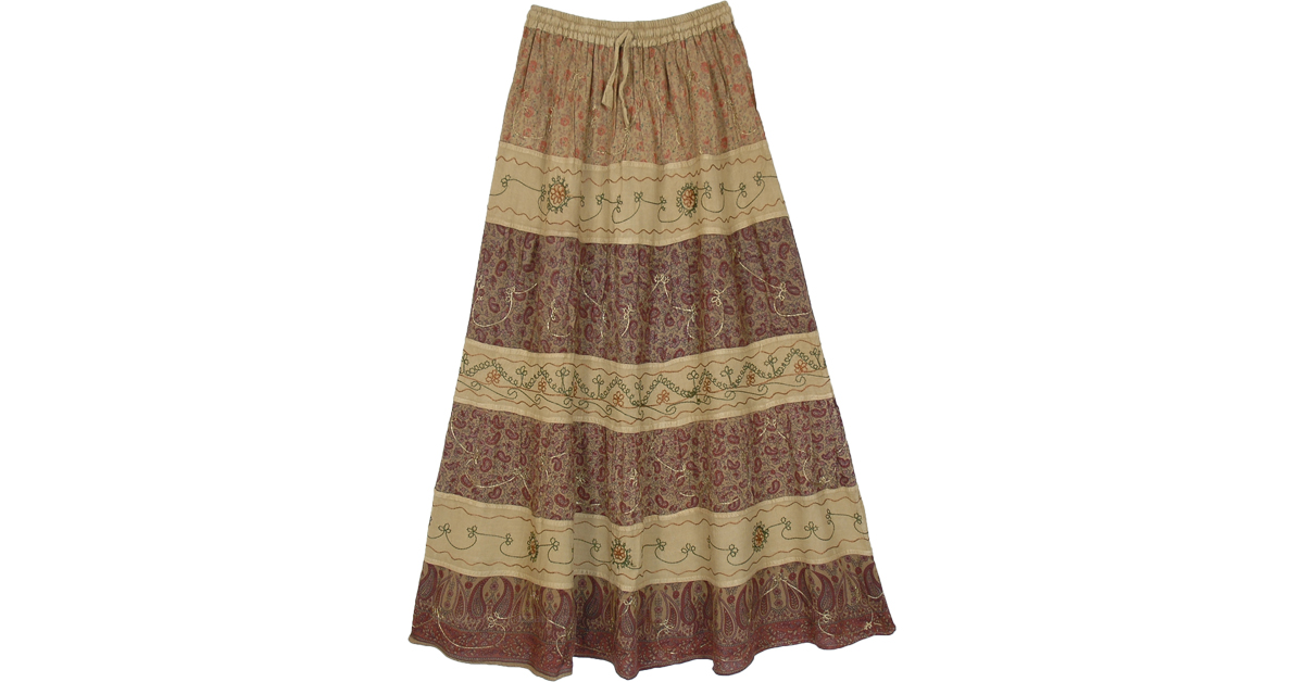 Khaki Boho Chic Long Skirt with Mixed Paisley Print | Brown | Tiered ...