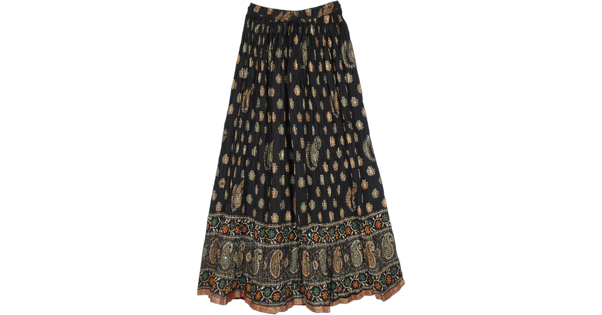 Black Crinkled Cotton Long Skirt with Paisley Print | Black | Crinkle ...