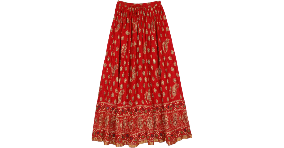 Sale:$19.99 Red Crinkled Cotton Golden Paisley Print Long Skirt | Red ...