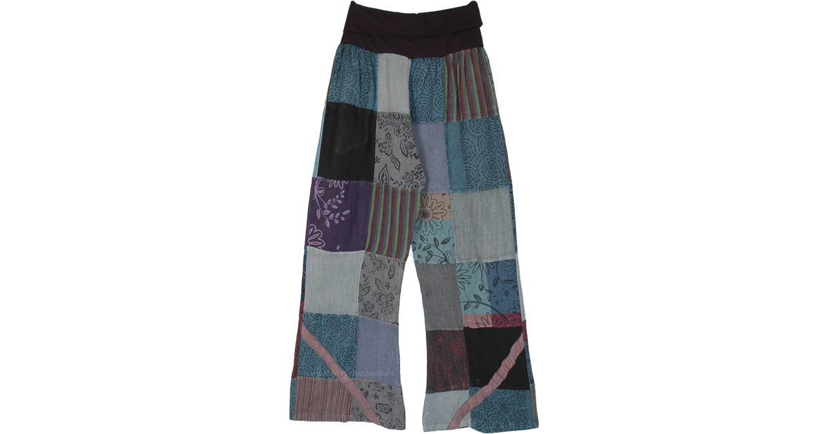 Black Grey Hippie Patchwork Cotton Yoga Waist Pants | Grey | Split ...