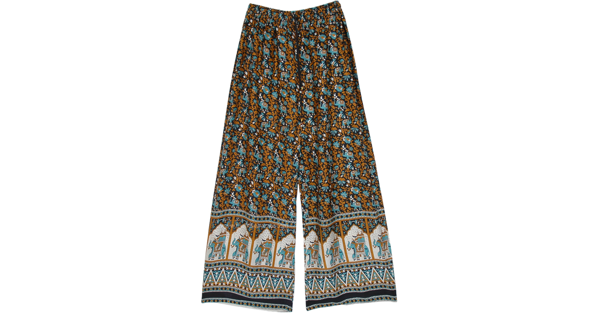 Ethnic Beauty Straight Rayon Pants with Folk Print, Black