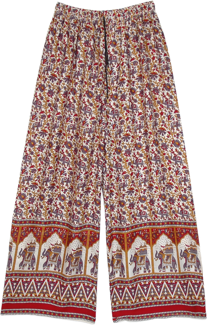 Ethnic Wide Leg Elephant Printed Rayon Lounge Pants | Red | Floral ...