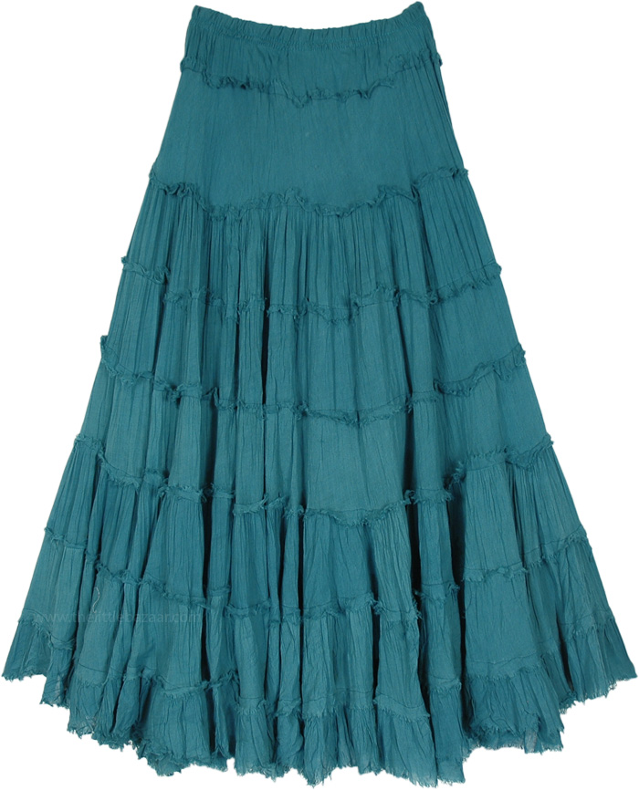 Teal Blue Crinkled Cotton Boho Tiered Midi Skirt | Blue | Junior-Petite ...