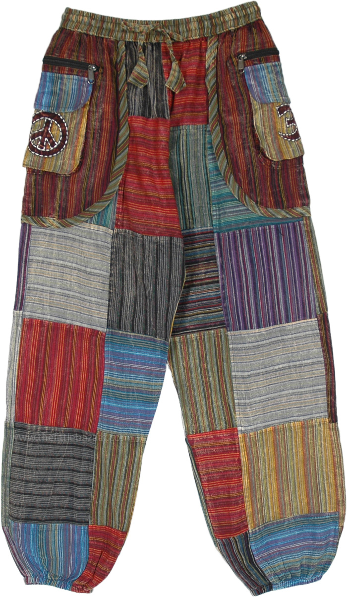 Striped Patchwork Harem Pants with Trendy Hippie Pockets, Multicoloured